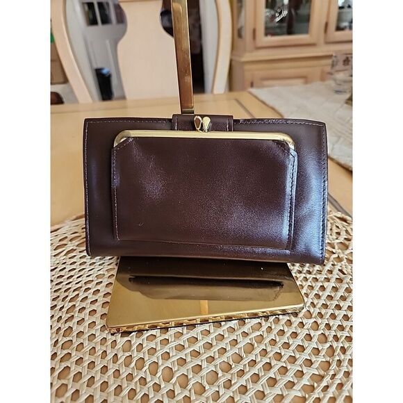 Vintage Rolfs Genuine Leather Bifold Wallet Organizer Brown Kiss Lock Coin Purse - Picture 2 of 5